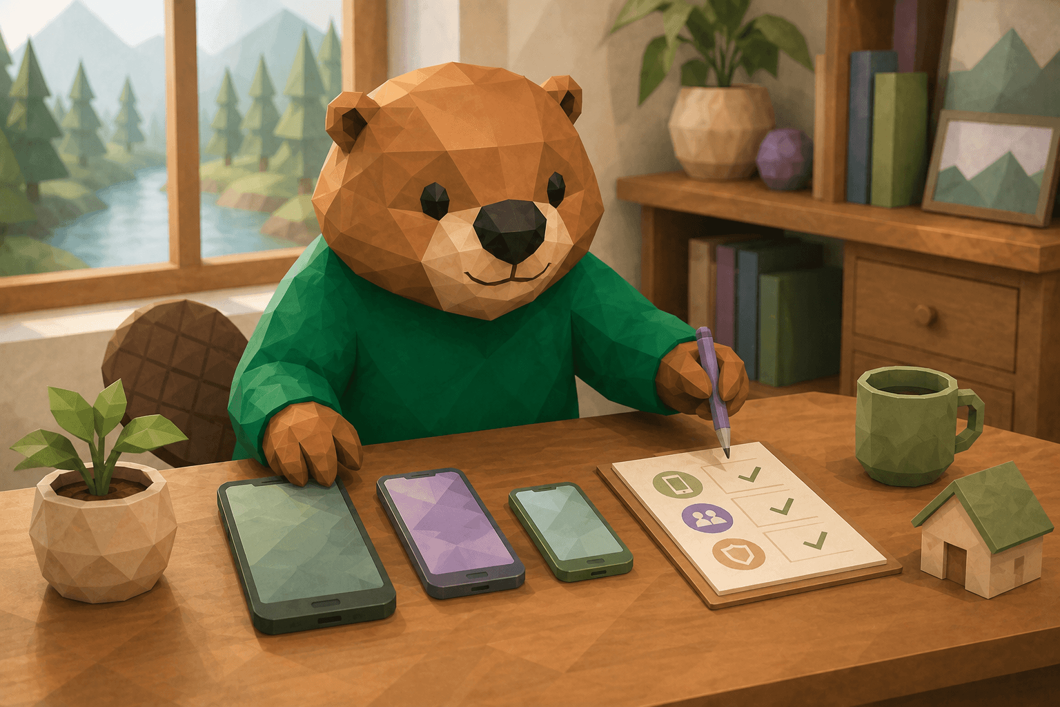 3台のスマートフォンと確認表で家族の通信費を整理するビーバーのイラスト