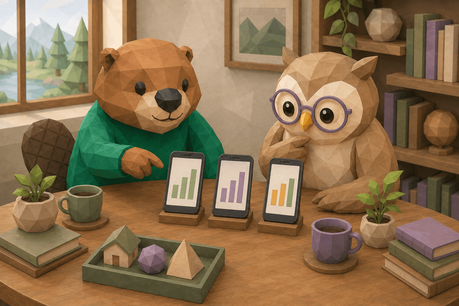 3台のスマートフォンを並べて通信プランを比較するビーバーとフクロウのイラスト