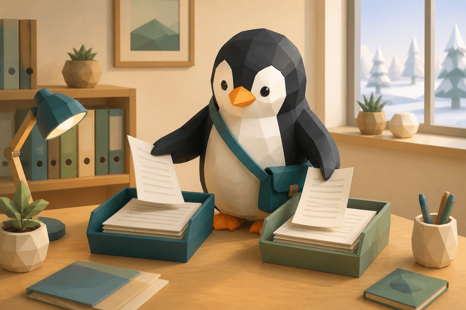 二つの書類トレーを見比べながら税の手続きを整理する、斜め掛けバッグのペンギン